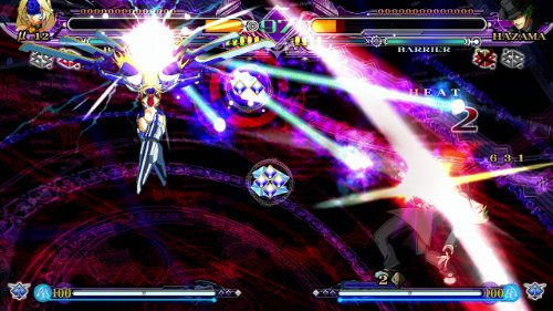 Fighting game screen with blue energy beams across a dark arena