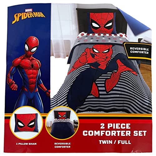 Front of the Spider-Man comforter set package, reversible comforter and sham
