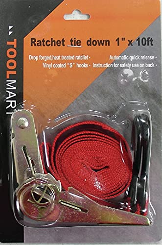 Toolmart red 1 inch x 10 ft ratchet tie down with S hooks on its card