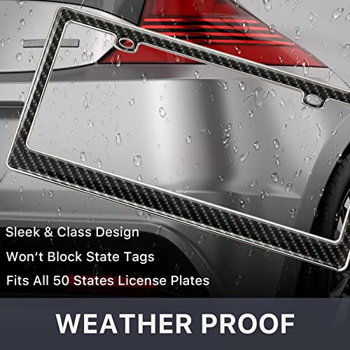 Carbon fiber plate frame with water droplets on a grey car, weather proof