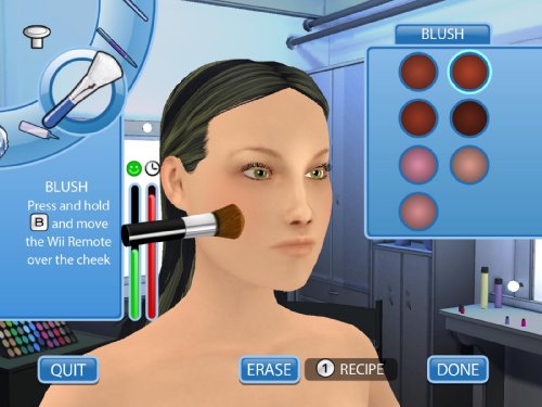 Makeup screen brushing blush onto a model's cheek