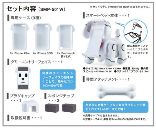 Japanese contents chart for Smartpet SMP-501W: phone cases, robot body, bone and caps