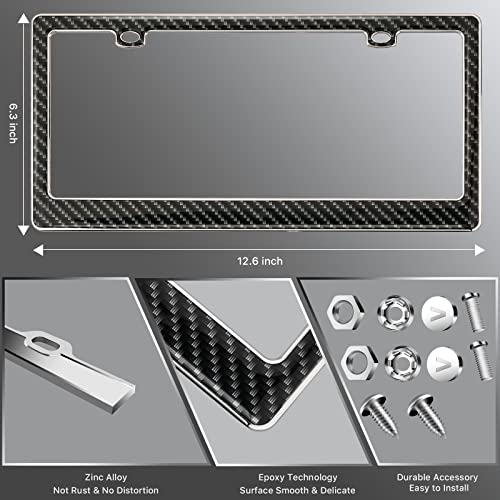 Carbon fiber plate frame measuring 12.6 by 6.3 inches with zinc alloy and screw details