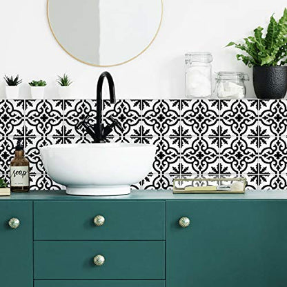 RoomMates RMK4649GM Ornate Black and White Tile Backsplash Peel and Stick Wall Decals