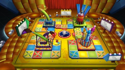 Square board game with art supply towers in each corner