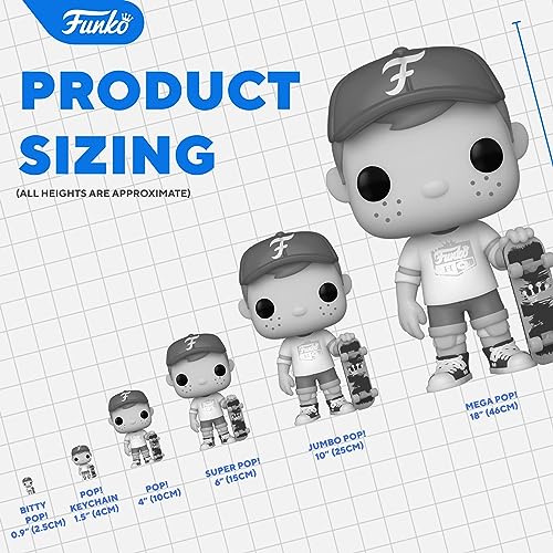 Funko size chart comparing Bitty Pop, keychain, 4 inch Pop, Super, Jumbo and Mega Pop heights