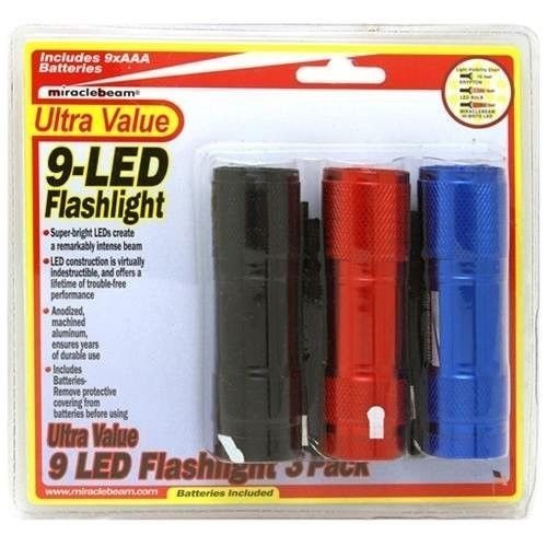 Miracle Beam 9-LED flashlight 3-pack in black, red and blue with batteries