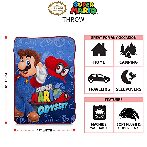 Throw size chart, 46 by 60 inches, with home, camping and travel icons