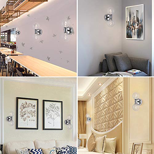 Four rooms with clear globe sconces in a cafe, living rooms and a bedroom