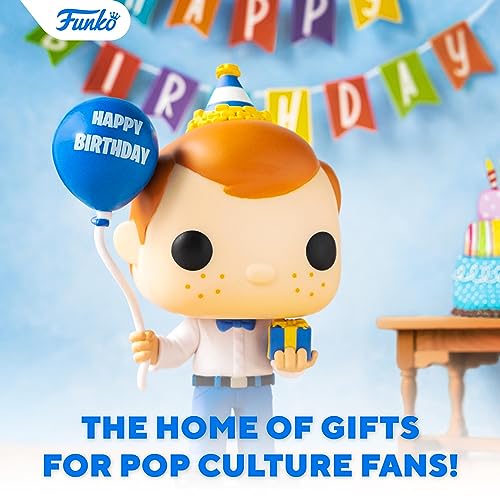 Freddy Funko figure with a Happy Birthday balloon and party hat