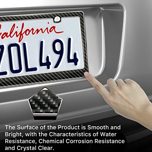 Finger touching the glossy carbon fiber frame around a California plate