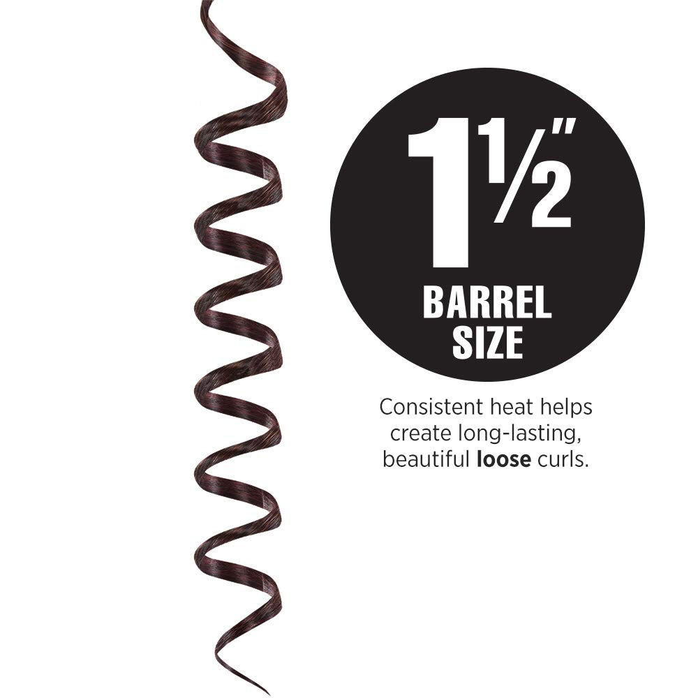 Long loose brown spiral curl beside a 1 1/2 inch barrel size badge