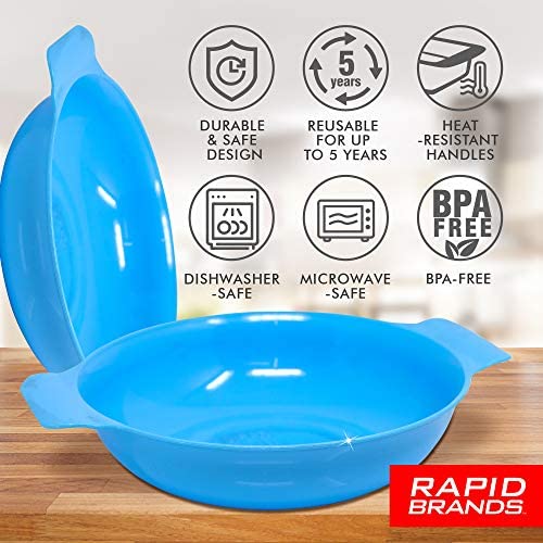 Two blue egg cooker bowls with icons: dishwasher safe, microwave safe, BPA free