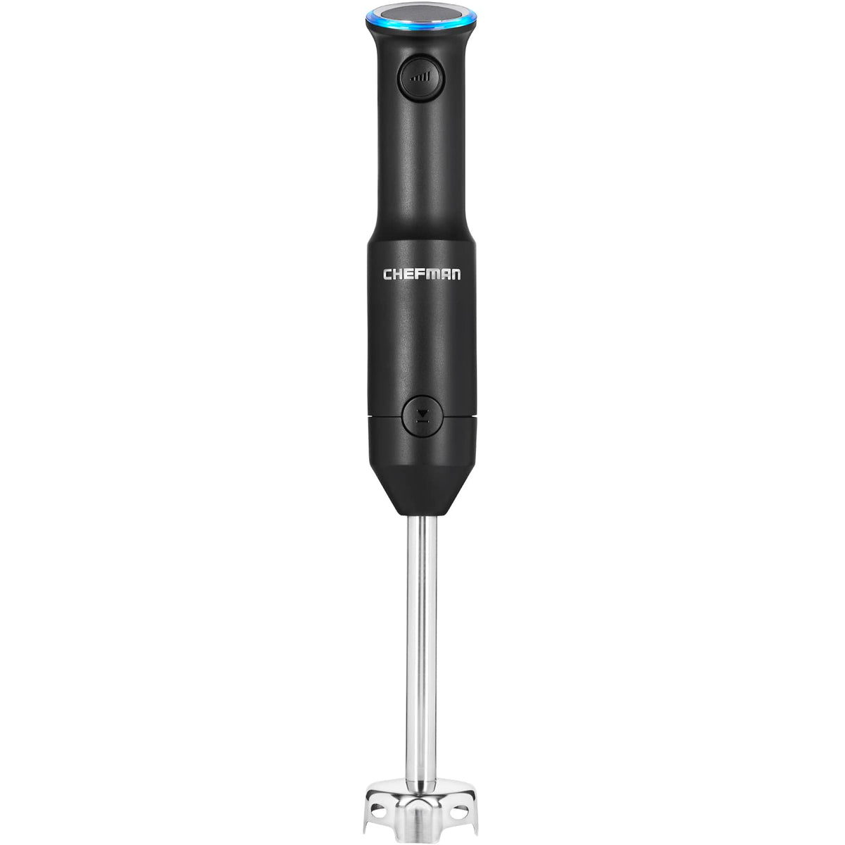 Black cordless immersion blender with a blue light ring and stainless steel blending shaft