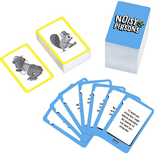 Noisy Persons card game deck with grey animal illustration cards and blue prompt cards