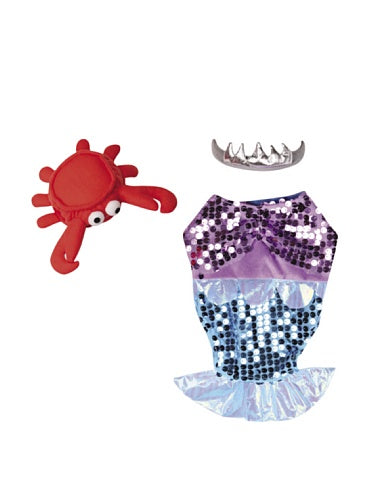 Sequin mermaid tail costume, silver crown and plush red crab laid flat