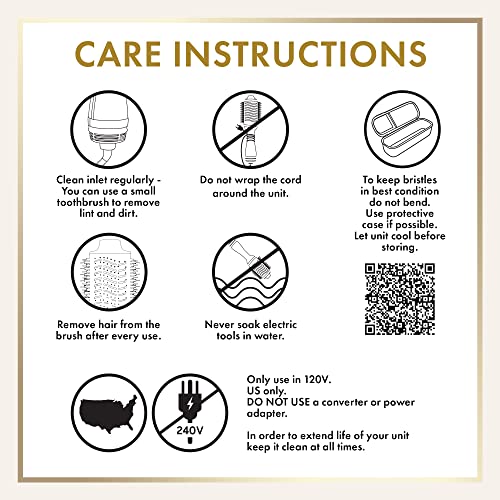 Care instructions chart for the hot air brush: clean inlet, 120V only