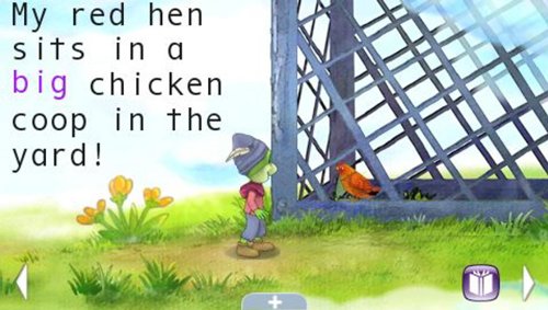 Story page with a red hen in a chicken coop and a frog in a hat