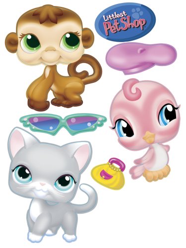 Littlest Pet Shop wall decals of a brown monkey, pink bird, grey cat and accessories