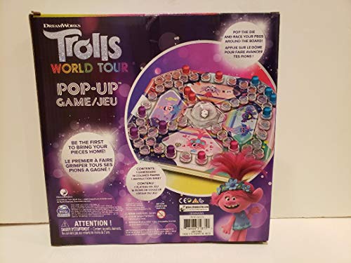 Back of the Trolls World Tour Pop-Up game box showing the board and pegs