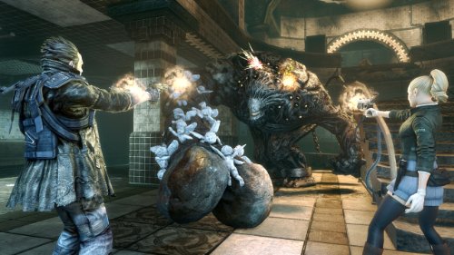 Hero and a blonde partner firing at a giant stone beast