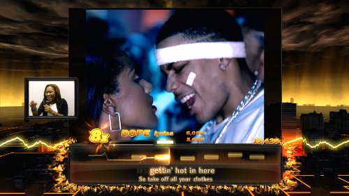 Rap game screen with a webcam player inset beside a music video