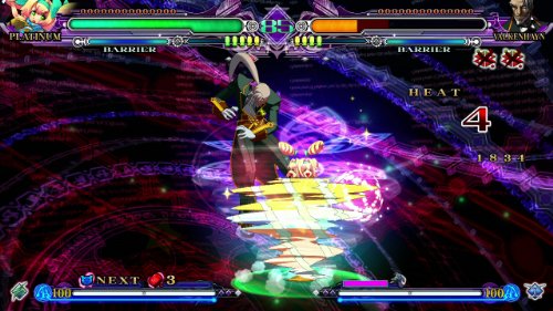 Fighting game screen with a green-haired fighter hit by a spinning attack