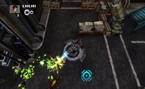 Top-down gameplay with a turret firing at insects in a dark yard