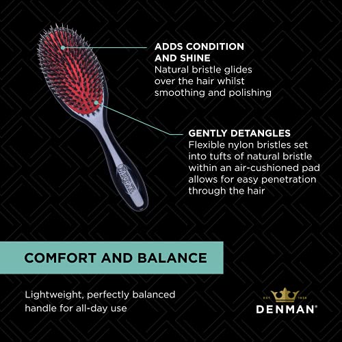 Denman Cushion Hair Brush (Small) with Soft Nylon Quill Boar Bristles - Porcupine Style for Grooming, Detangling, Straightening, Blowdrying and Refreshing Hair – Black, D81S