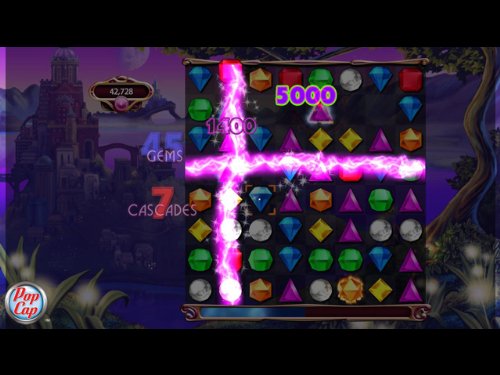 Gem board lit by a pink lightning cross, 45 gems and 7 cascades