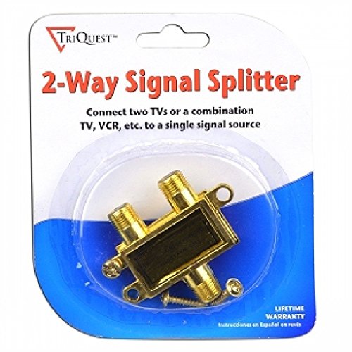 TriQuest gold 2-way coax signal splitter in a blue blister pack