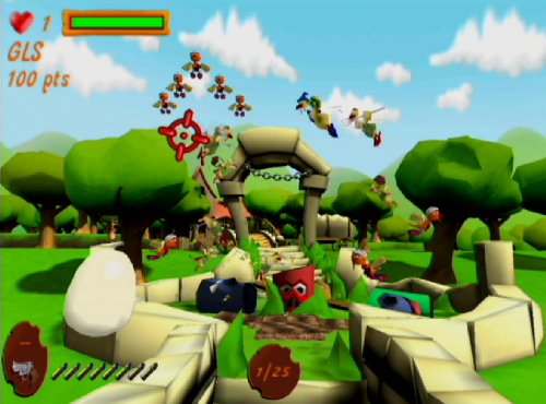 Chickens flying over a garden arch with a giant egg nearby