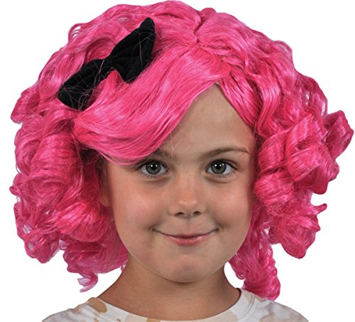 Child wearing a bright pink curly Lalaloopsy wig with a black bow