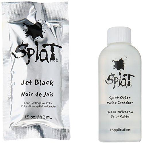 Silver foil packet of jet black hair color and a clear oxide mixing bottle