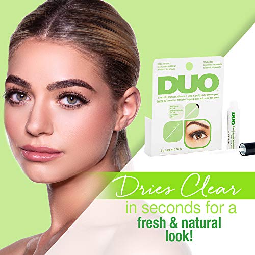 Woman wearing strip lashes beside the Duo adhesive, Dries Clear