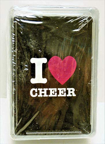 Shrink-wrapped black deck of playing cards with I heart Cheer on the case