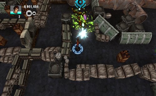 Hero blasting bugs in a maze of sandbags and barrels
