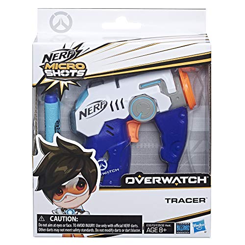 Nerf MicroShots Overwatch Tracer blaster in its package with Tracer art