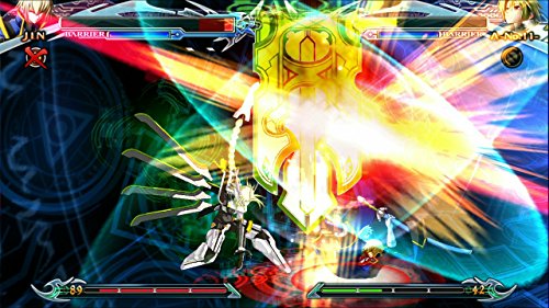 Fighting game screen with a golden shield attack and blades of light