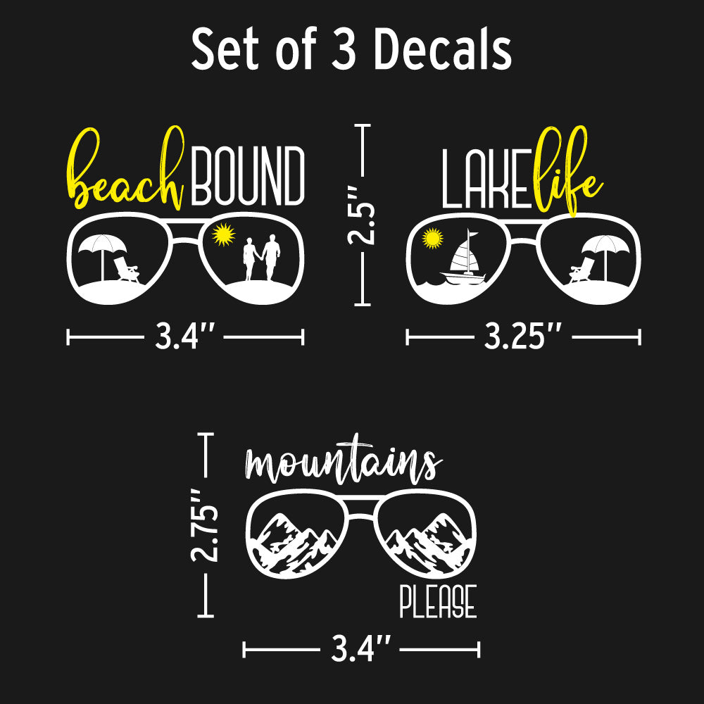 Sizes of the three sunglasses decals, about 3.25 to 3.4 inches wide