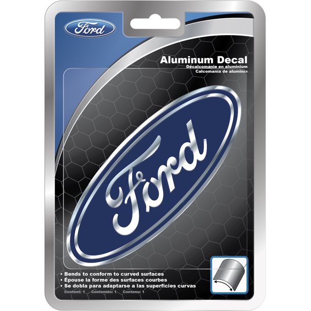 Blue and silver Ford oval aluminum decal in its retail package