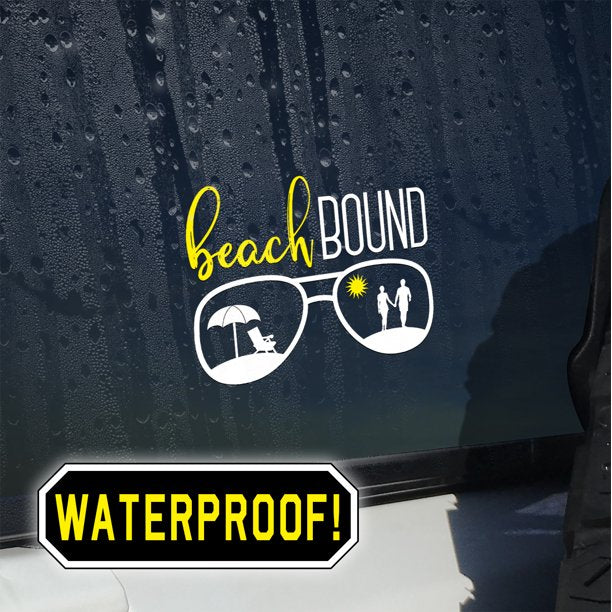 Beach Bound sunglasses decal on a wet car window, waterproof vinyl
