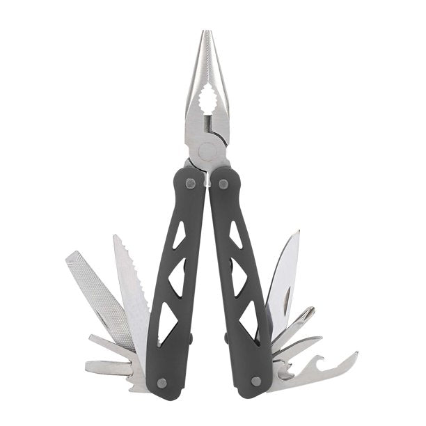 Black-handled Ozark Trail multi-tool with pliers, blades, file and openers out