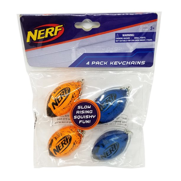 Nerf 4 pack of squishy football keychains, two orange and two blue, in the bag