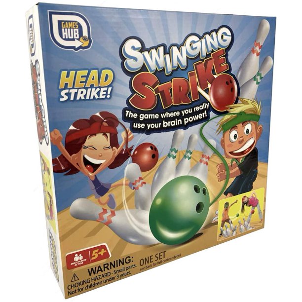 Swinging Strike game box at an angle, cartoon kids head-bowling at pins