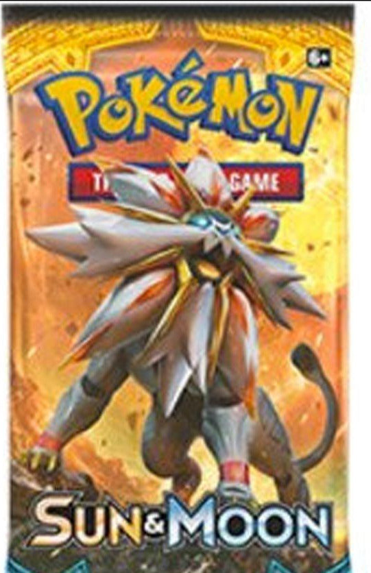 Pokemon TCG Sun and Moon booster pack with the legendary Solgaleo on orange
