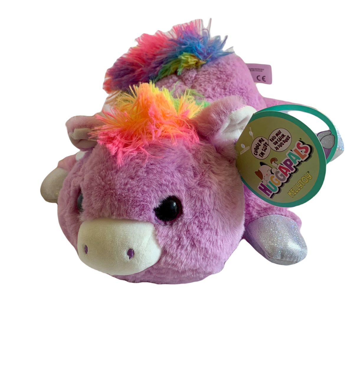 Purple HuggaPals pegasus plush with a rainbow mane, white wings and Kellytoy tag