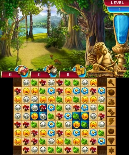 Level 1 match board of coins, flowers and leaves under a forest scene