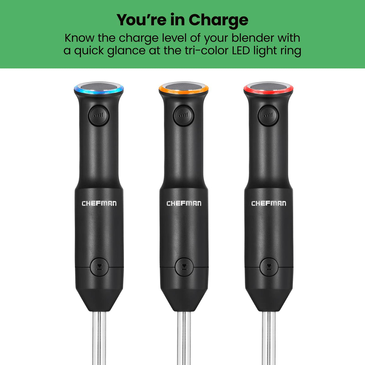 Three blender handles with blue, orange and red charge-level light rings