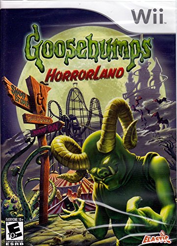 Wii game cover with a horned green monster before a haunted amusement park